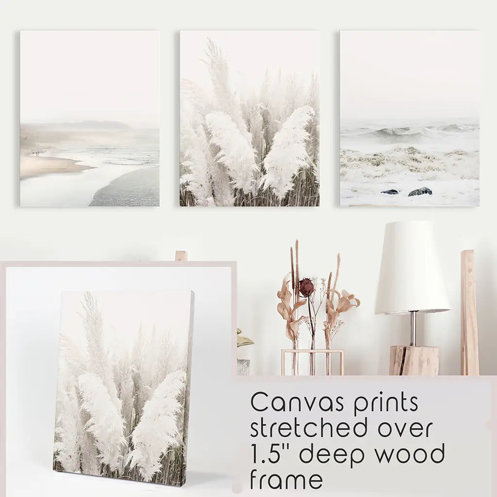 Art Print Set. Beige Ocean Beach, Pampas Grass. Canvases
