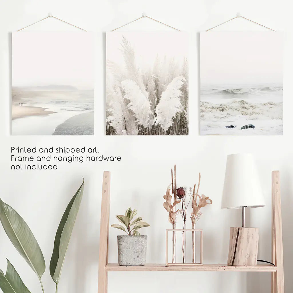 Art Print Set. Beige Ocean Beach, Pampas Grass. Unframed