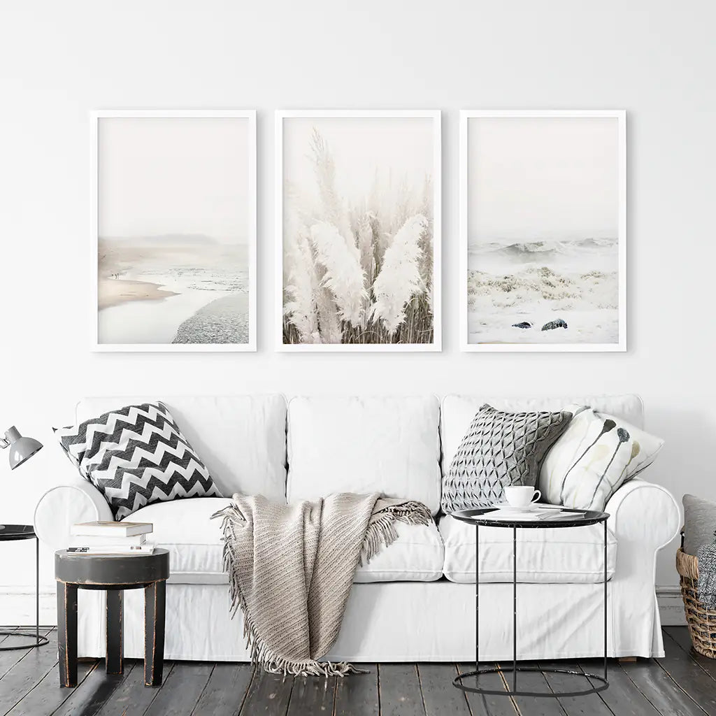 Art Print Set. Beige Ocean Beach, Pampas Grass. White Frames
