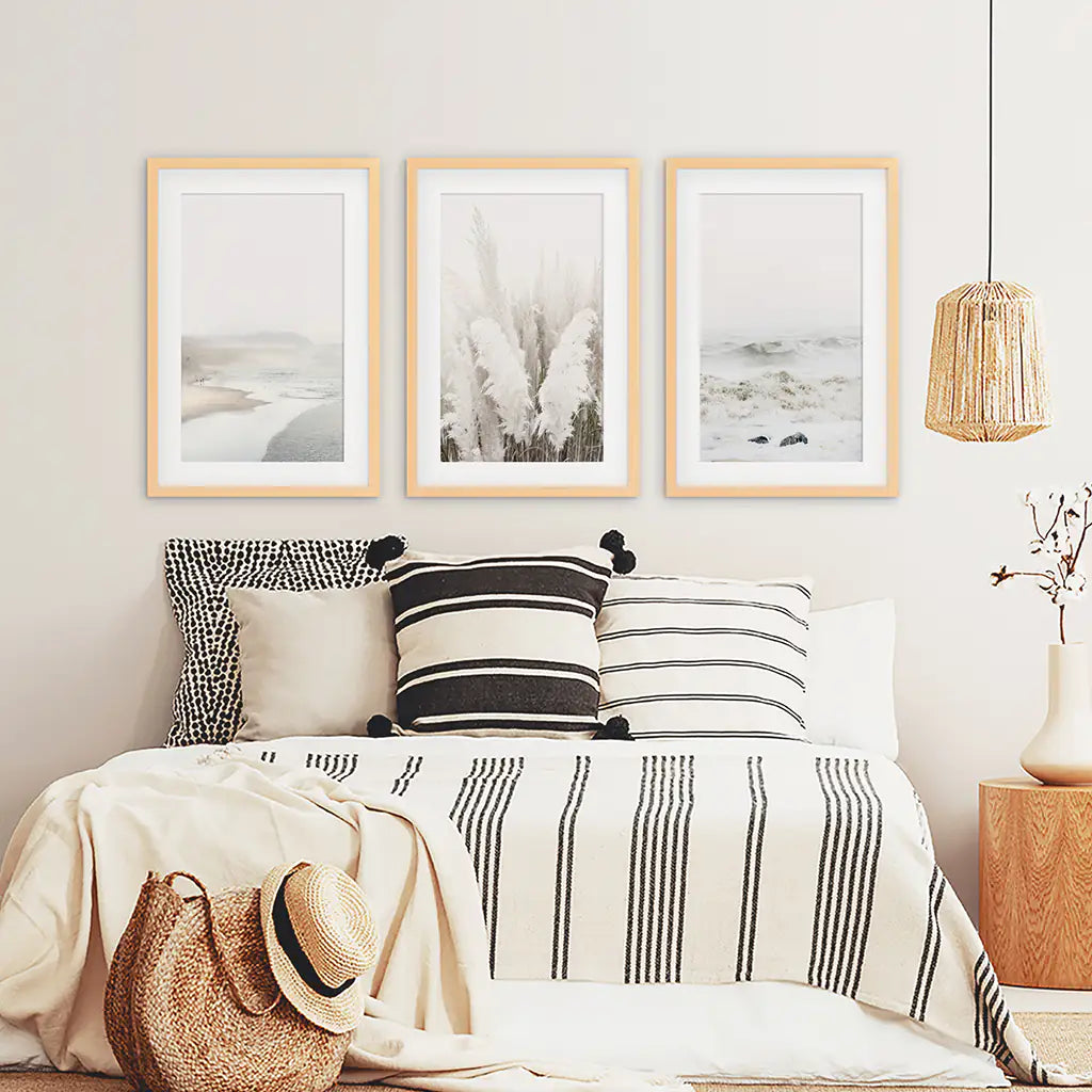 Art Print Set. Beige Ocean Beach, Pampas Grass. Wood Frames with Mat