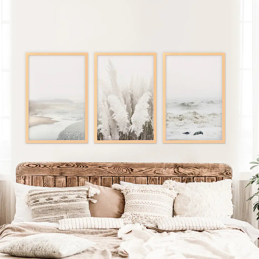 Art Print Set. Beige Ocean Beach, Pampas Grass. Wood Frames