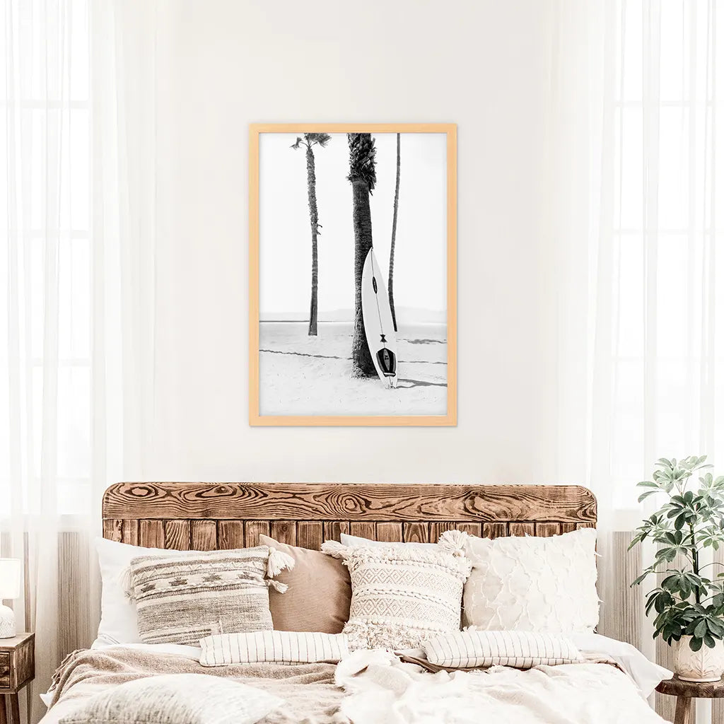 Black White Boho Summer Poster. Surfboard, Palm Trees. Wood Frame