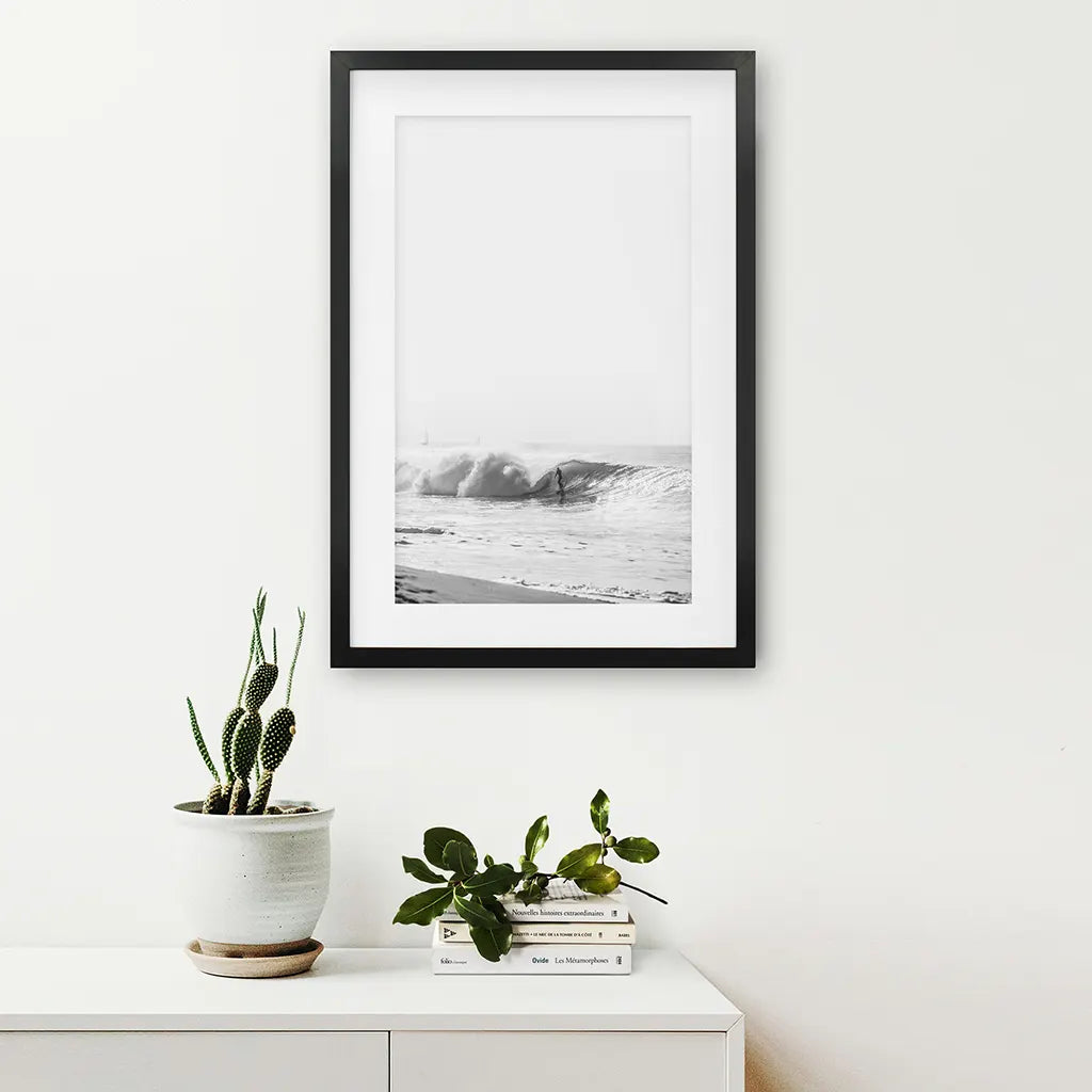 Black White Boho Tropical Wall Decor. Surfer, Waves. Black Frame with Mat