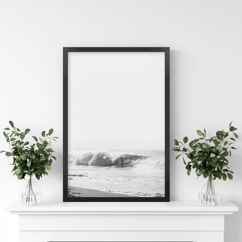 Black White Boho Tropical Wall Decor. Surfer, Waves. Black Frame