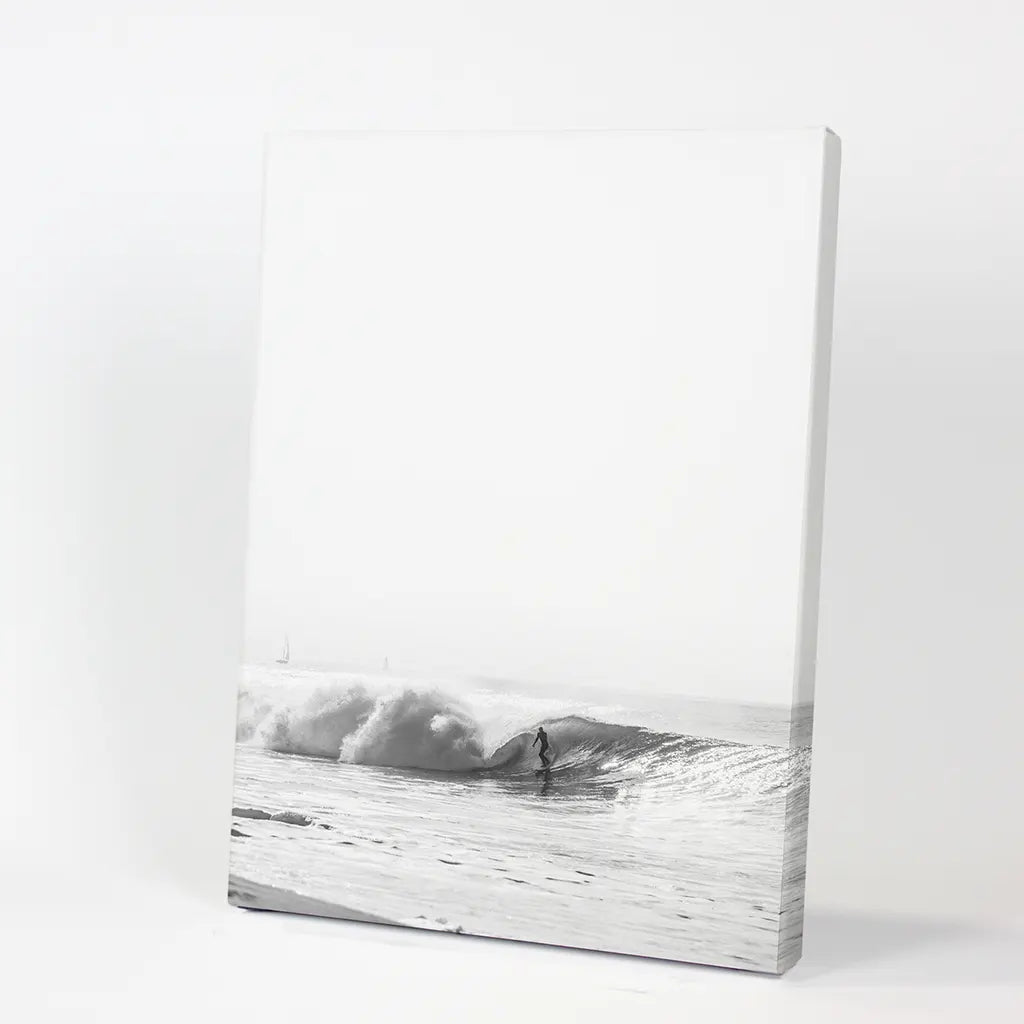 Black White Boho Tropical Wall Decor. Surfer, Waves. Canvas Print
