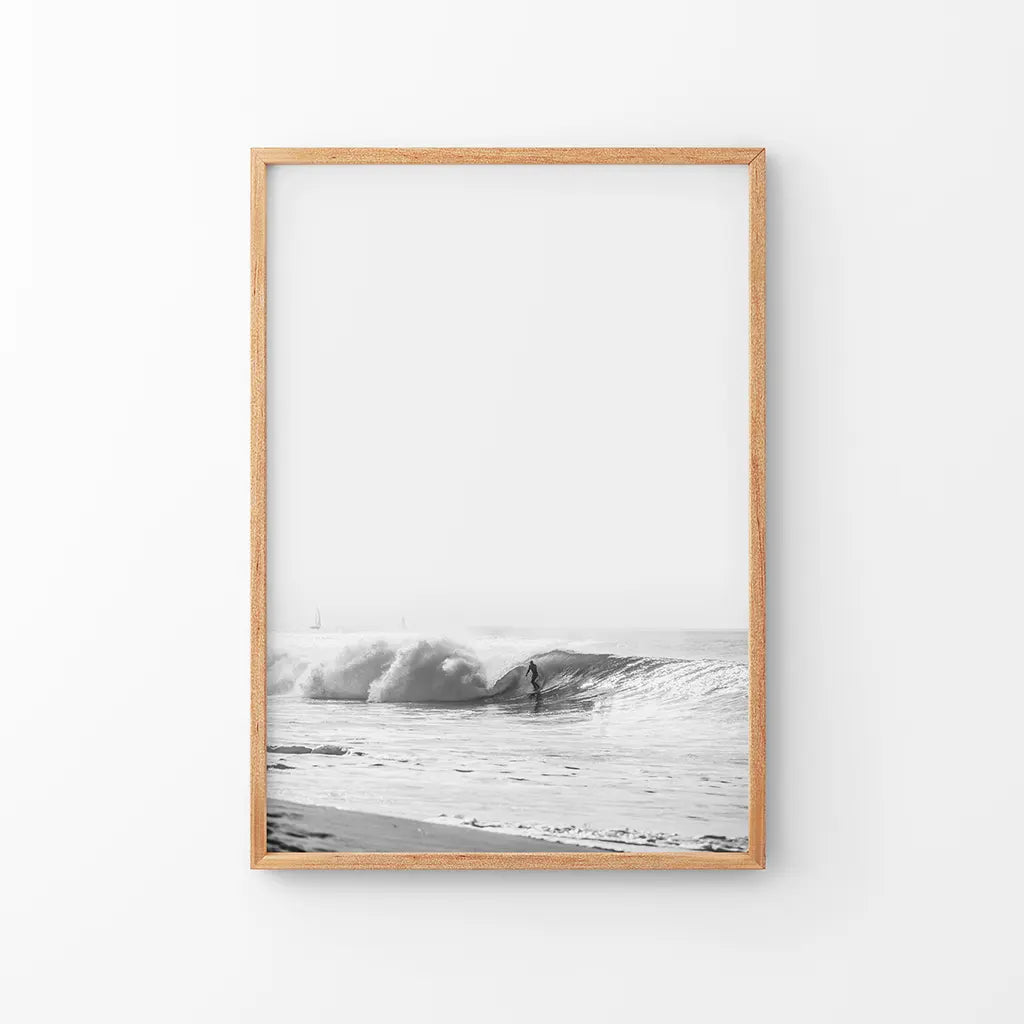 Black White Boho Tropical Wall Decor. Surfer, Waves. Thin Wood Frame