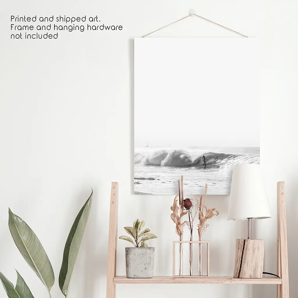 Black White Boho Tropical Wall Decor. Surfer, Waves. Unframed Print