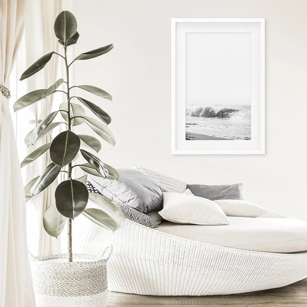 Black White Boho Tropical Wall Decor. Surfer, Waves. White Frame with Mat