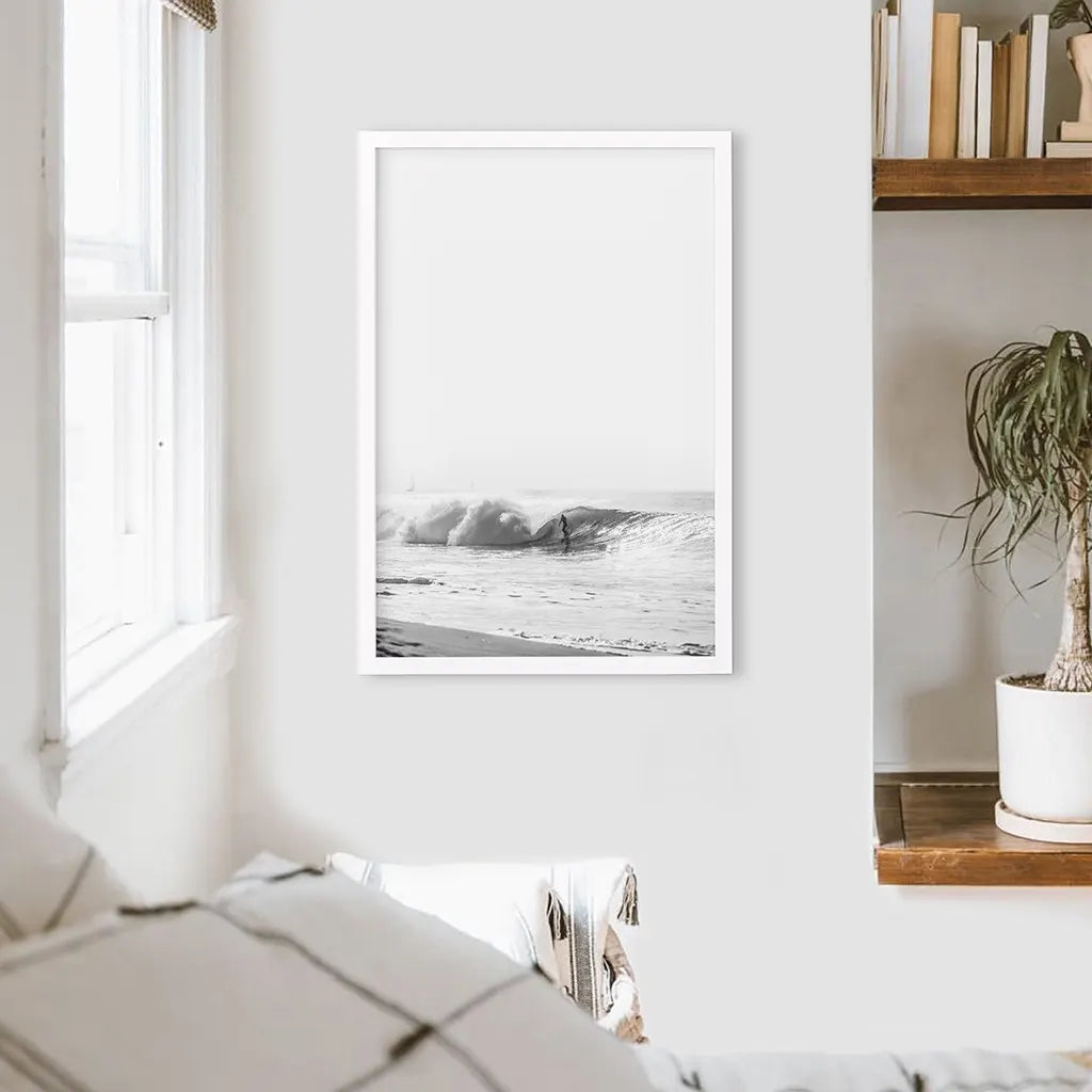 Black White Boho Tropical Wall Decor. Surfer, Waves. White Frame