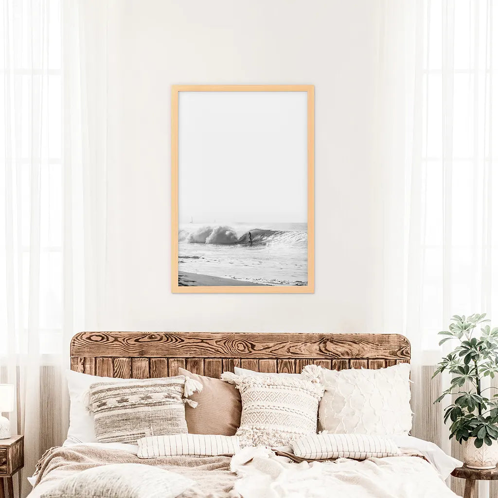 Black White Boho Tropical Wall Decor. Surfer, Waves. Wood Frame