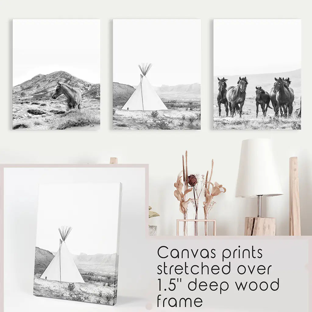 Western Black White Wall Art Set of 3 Prints. Horses, Tepee, Utah Desert. Wrapped Canvas