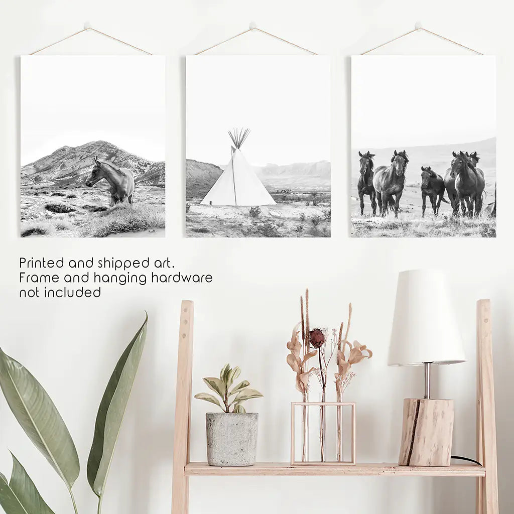 Western Black White Wall Art Set of 3 Prints. Horses, Tepee, Utah Desert. Unframed Photography