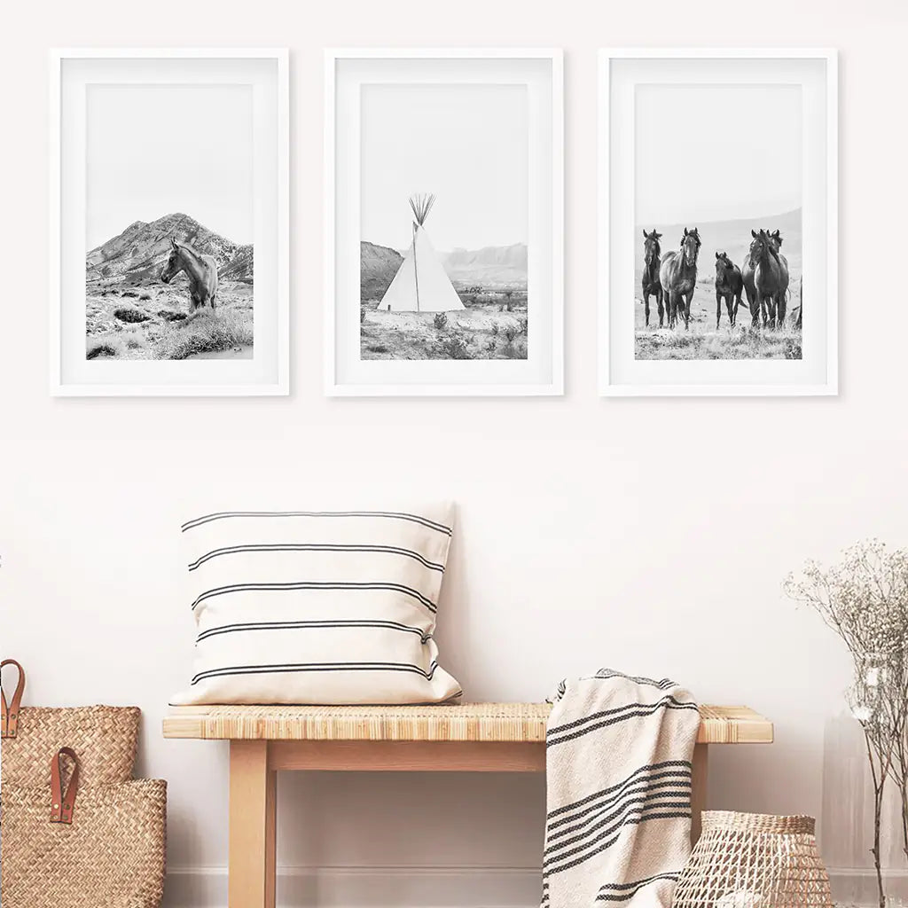 Western Black White Wall Art Set of 3 Prints. Horses, Tepee, Utah Desert. White Frames with Mat