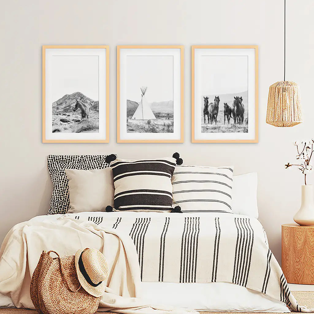 Western Black White Wall Art Set of 3 Prints. Horses, Tepee, Utah Desert. Wood Frames with Mat