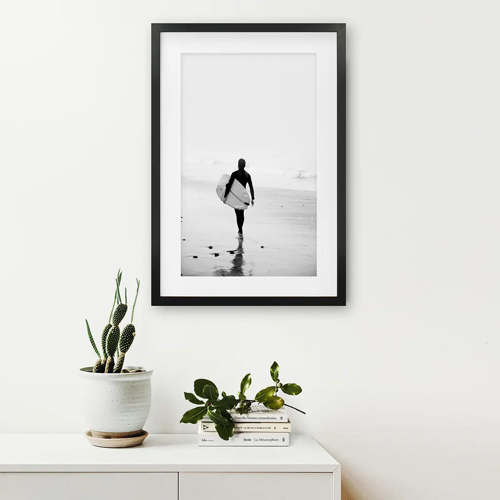 Black White Modern Surfer Photo. Coastal Life. Black Frame with Mat