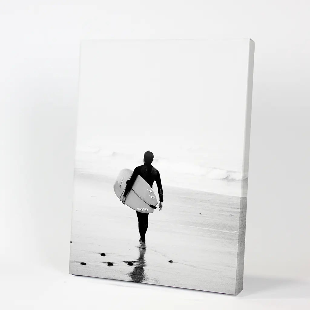 Black White Modern Surfer Photo. Coastal Life. Canvas Print