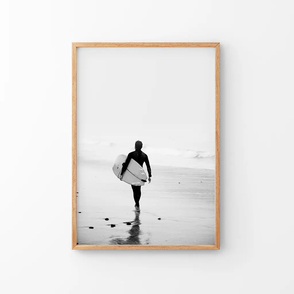 Black White Modern Surfer Photo. Coastal Life. Thin Wood Frame