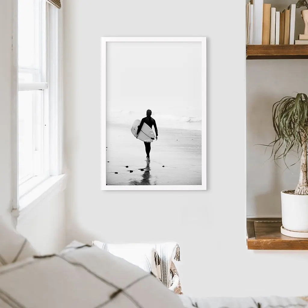 Black White Modern Surfer Photo. Coastal Life. White Frame