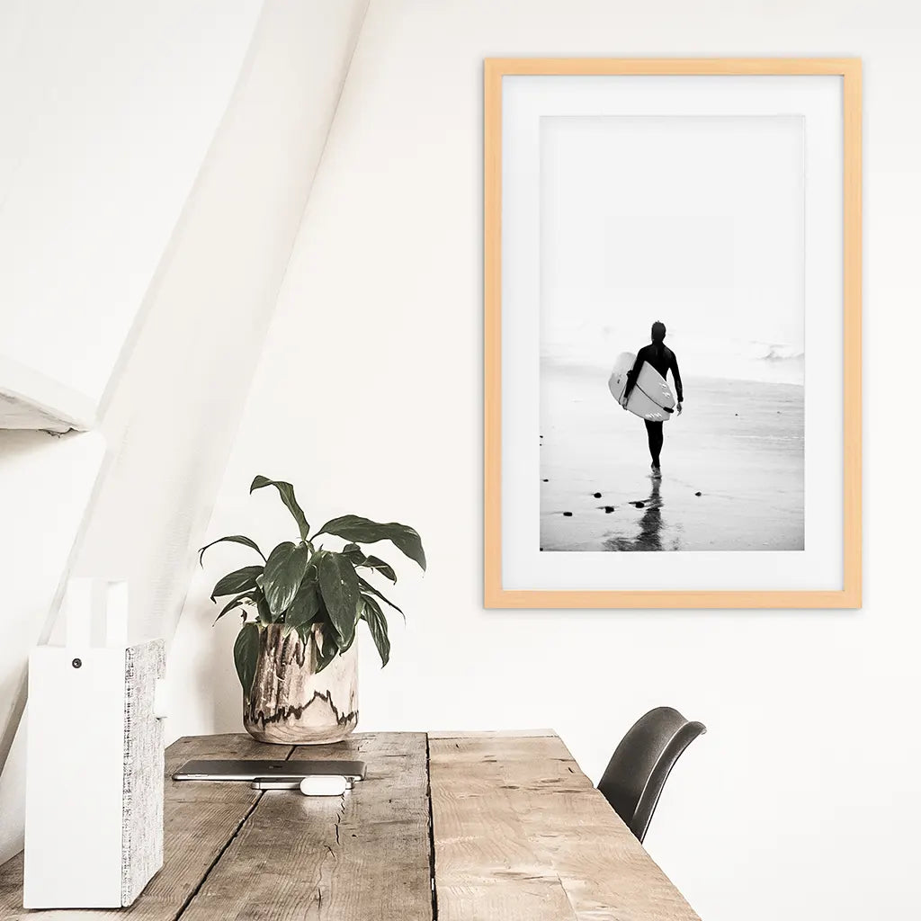 Black White Modern Surfer Photo. Coastal Life. Wood Frame with Mat