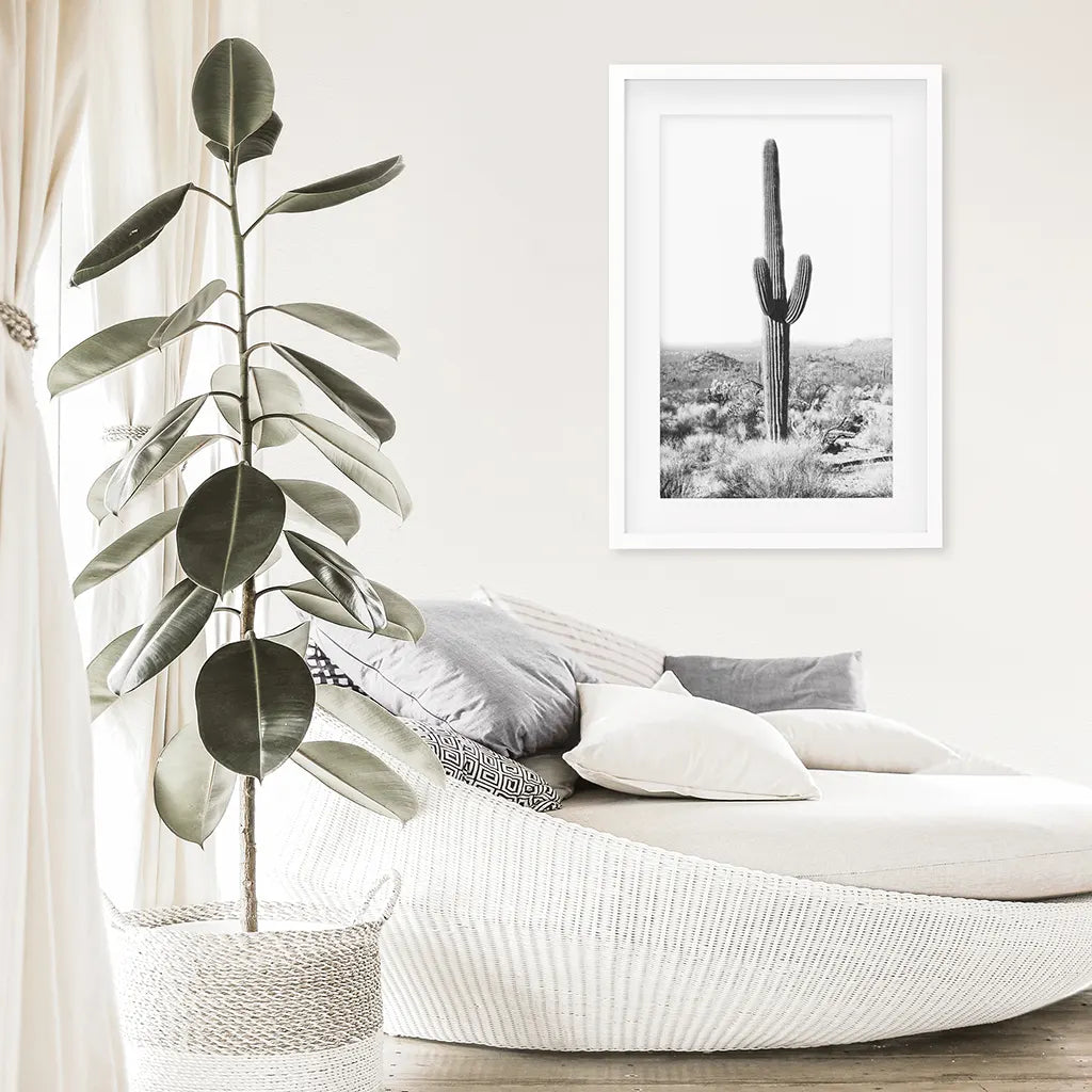Saguaro Cactus Print. Black White Arizona Desert Nature. White Frame with Mat