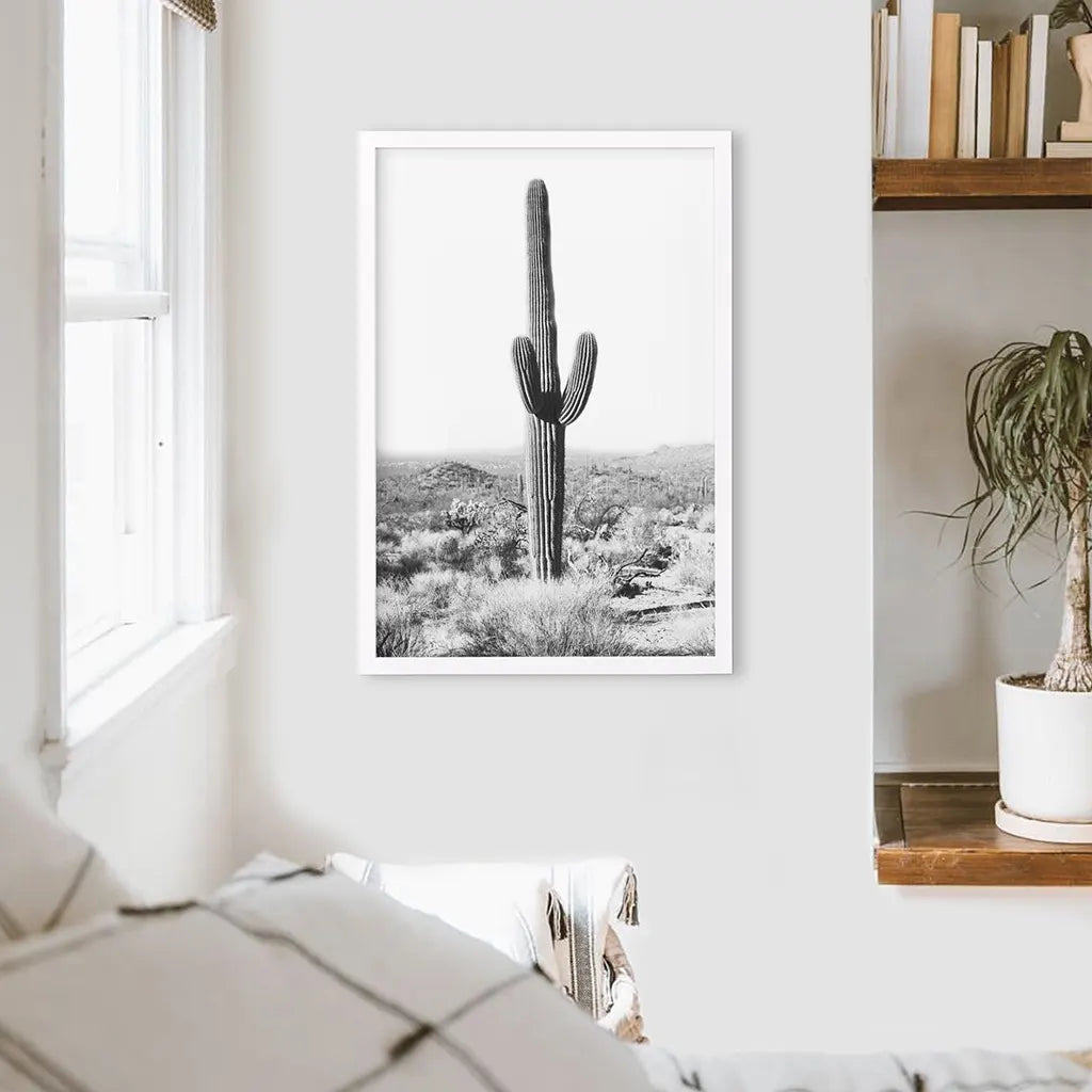Saguaro Cactus Print. Black White Arizona Desert Nature. White Frame