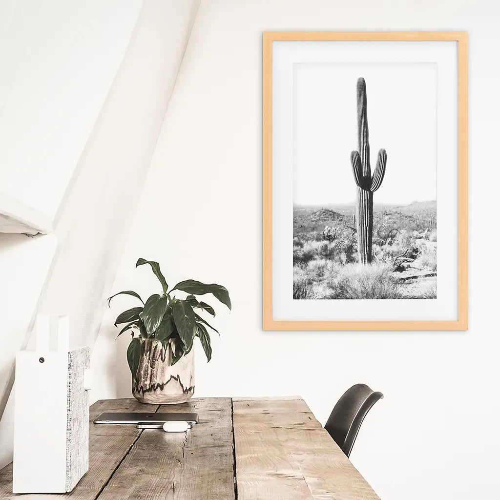 Saguaro Cactus Print. Black White Arizona Desert Nature. Wood Frame with Mat
