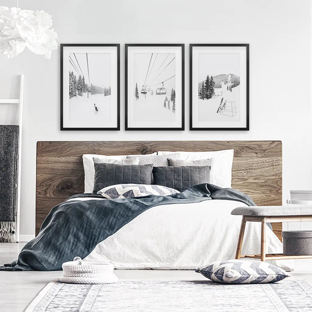 3 Piece Black White Winter Sport Wall Art Set. Ski Lodge. Black Frames with Mat