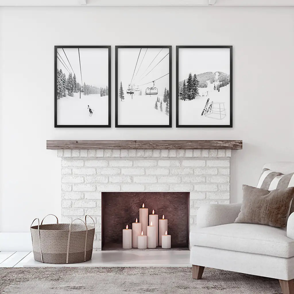 3 Piece Black White Winter Sport Wall Art Set. Ski Lodge. Black Frames