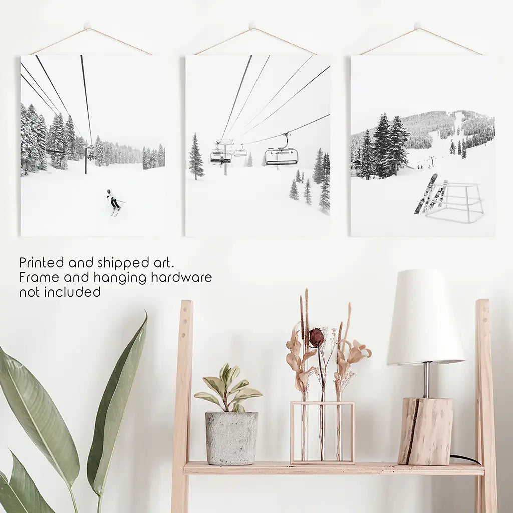 3 Piece Black White Winter Sport Wall Art Set. Ski Lodge. Unframed Prints