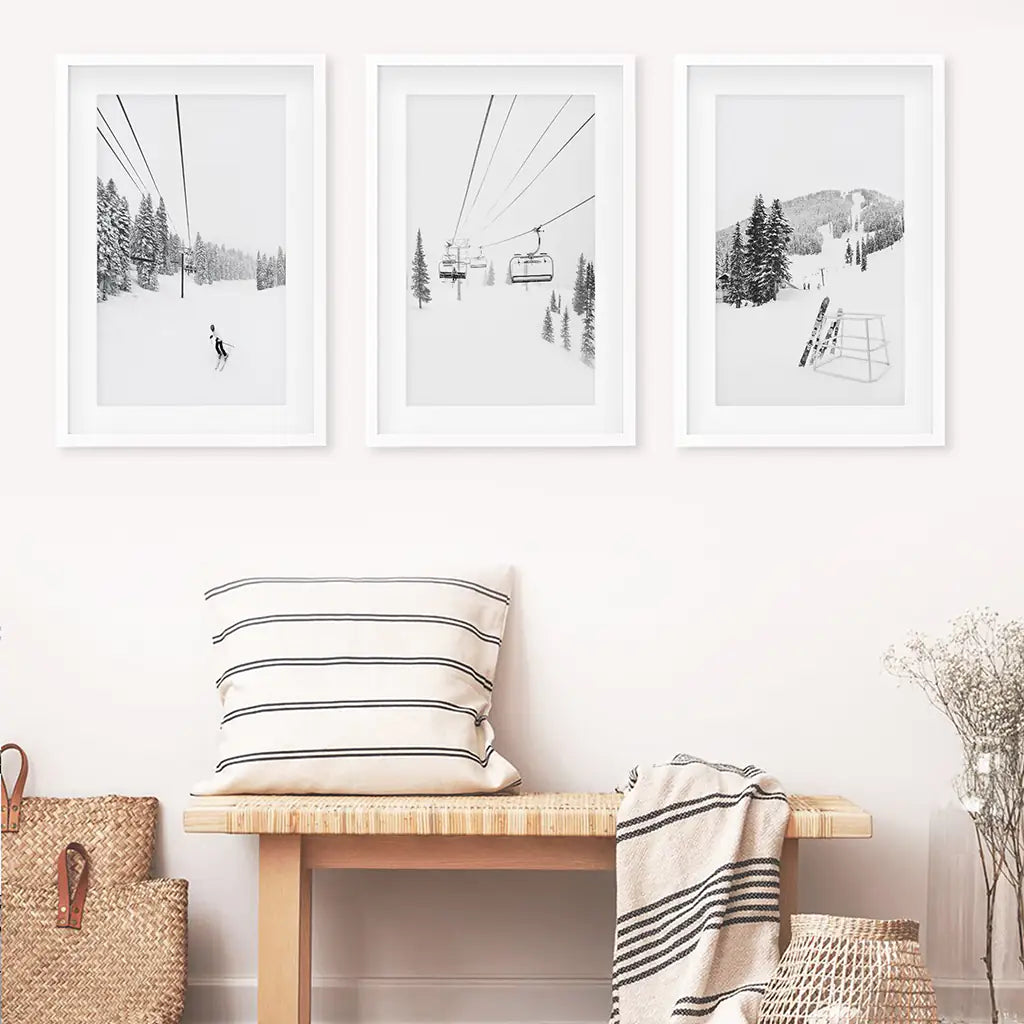 3 Piece Black White Winter Sport Wall Art Set. Ski Lodge. White Frames with Mat