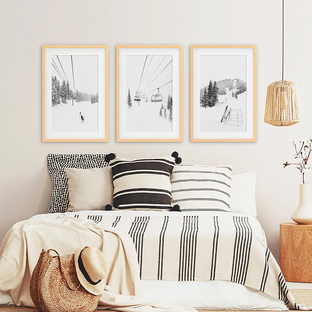 3 Piece Black White Winter Sport Wall Art Set. Ski Lodge. Wood Frames with Mat