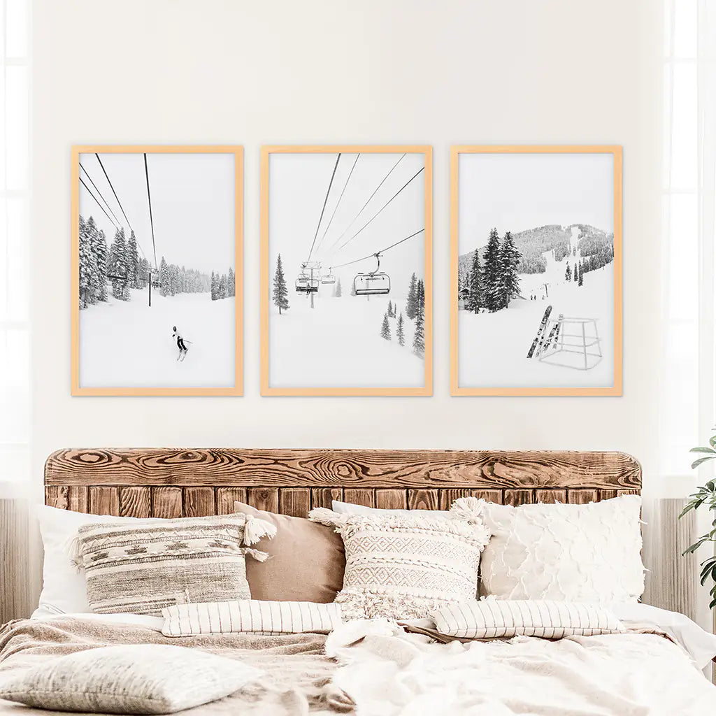 3 Piece Black White Winter Sport Wall Art Set. Ski Lodge. Wood Frames