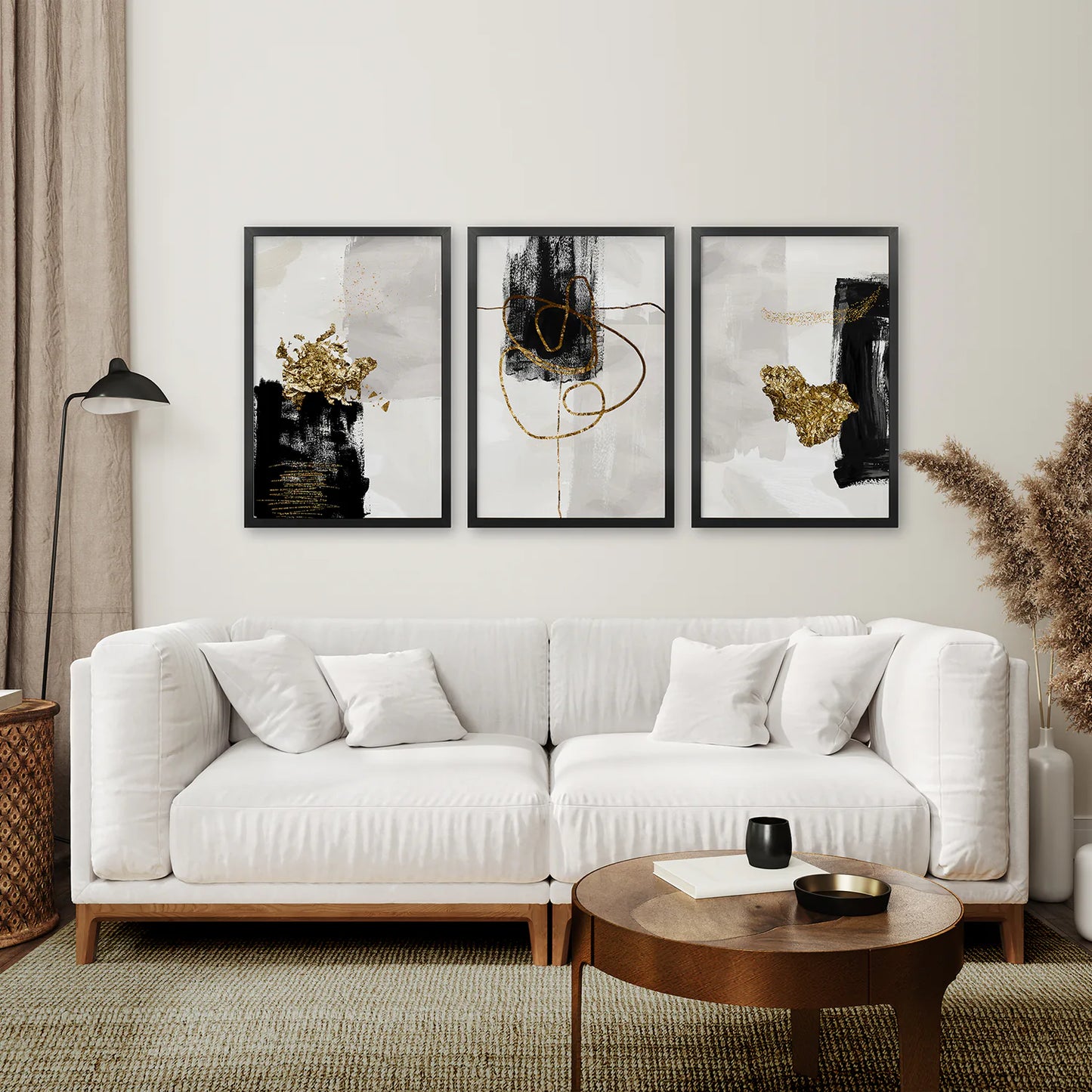 3 Piece Modern Scandinavian Wall Art Set. Black and Gold. Black Frame. Living Room