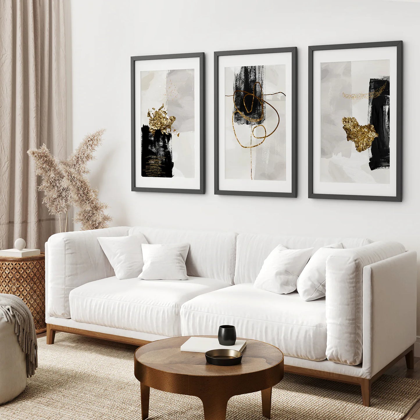 3 Piece Modern Scandinavian Wall Art Set. Black and Gold. Black Frame with Mat. Living Room