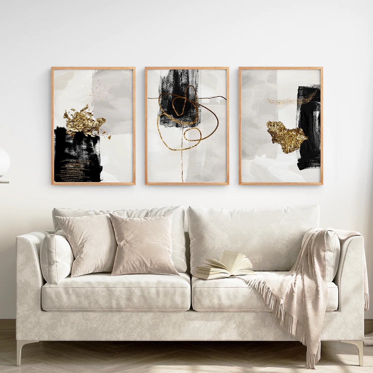 3 Piece Modern Scandinavian Wall Art Set. Black and Gold. Thinwood Frame. Living Room