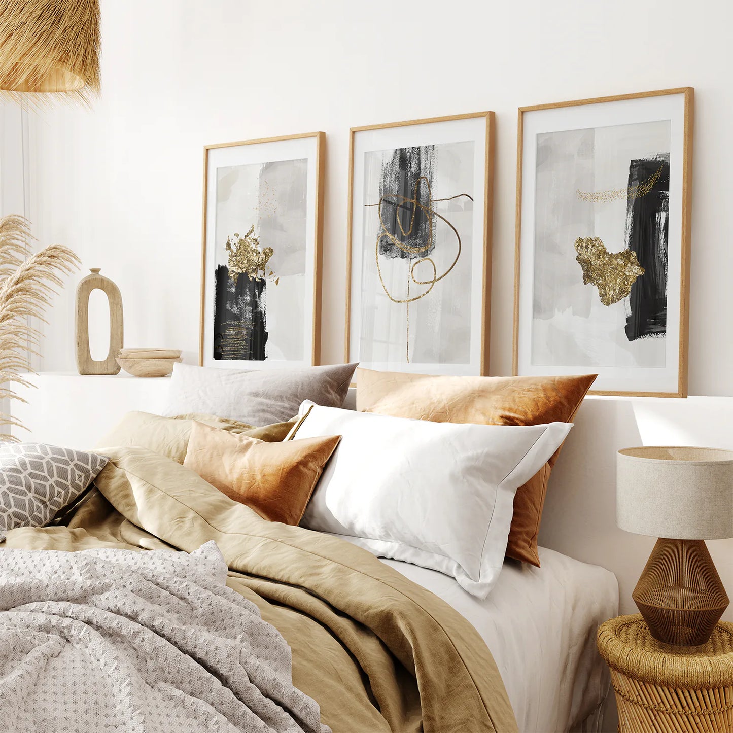 3 Piece Modern Scandinavian Wall Art Set. Black and Gold. Thinwood Frame with Mat. Bedroom