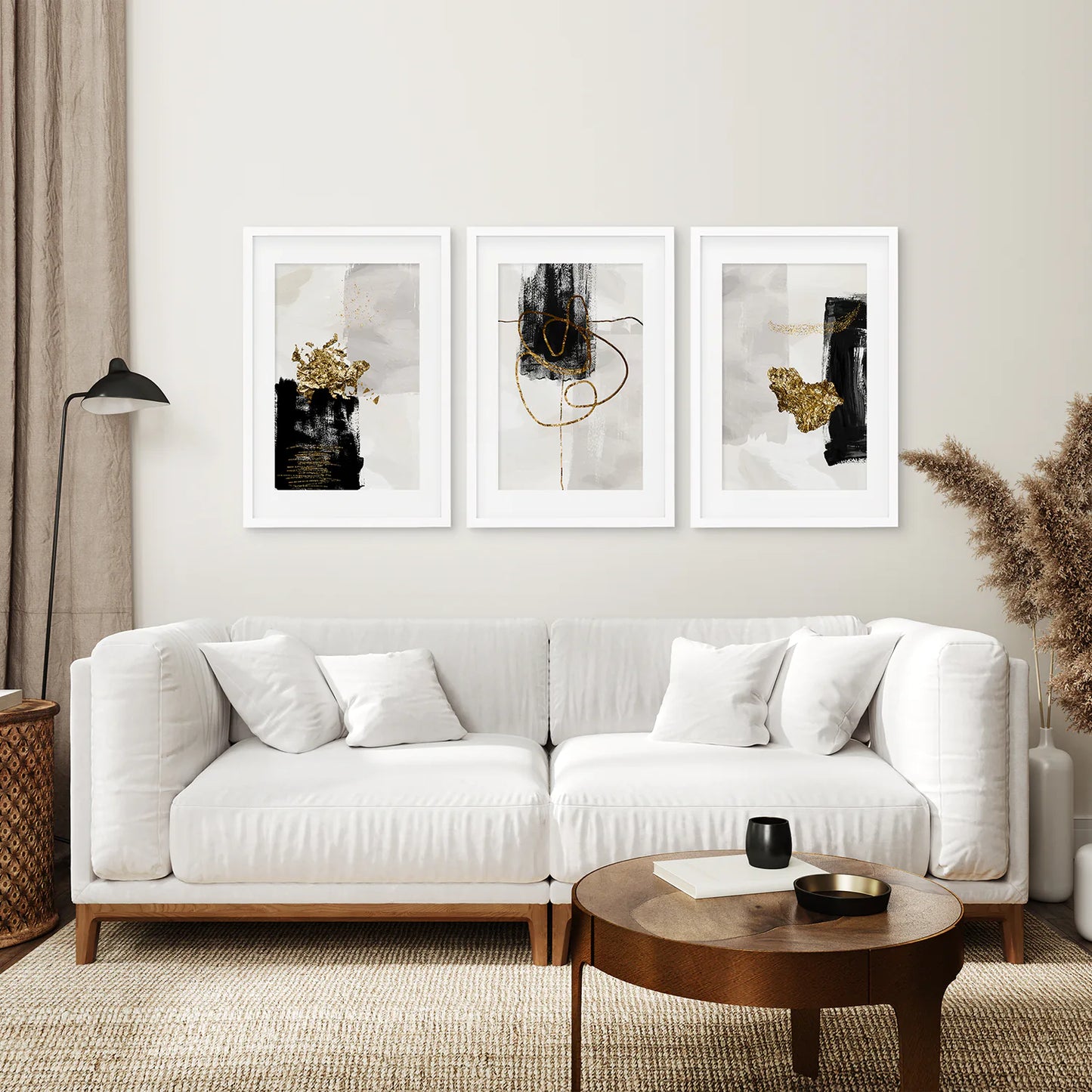 3 Piece Modern Scandinavian Wall Art Set. Black and Gold. White Frame with Mat. Living Room