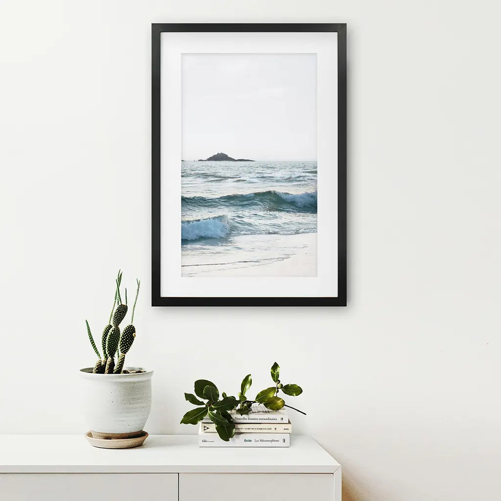 Blue Ocean Waves Poster. Nautical California Theme. Black Frame with Mat