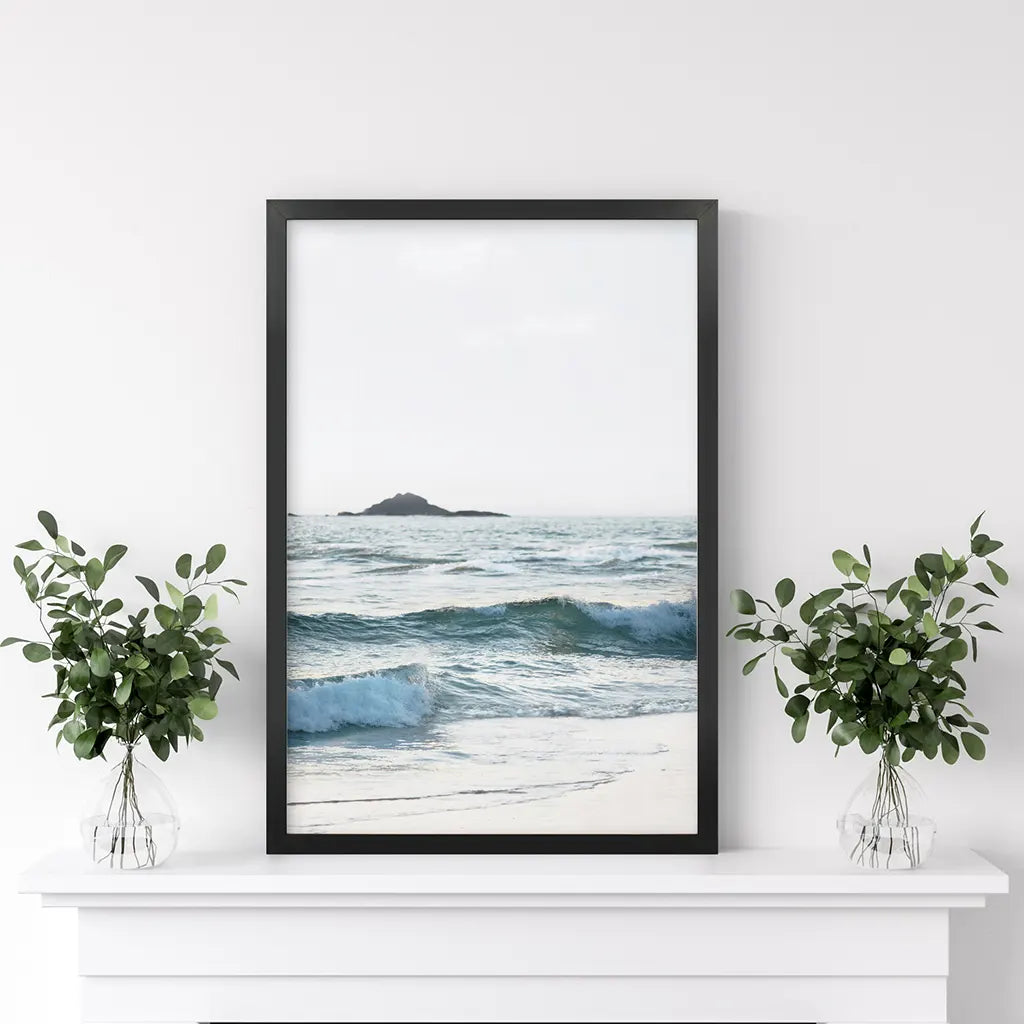 Blue Ocean Waves Poster. Nautical California Theme. Black Frame