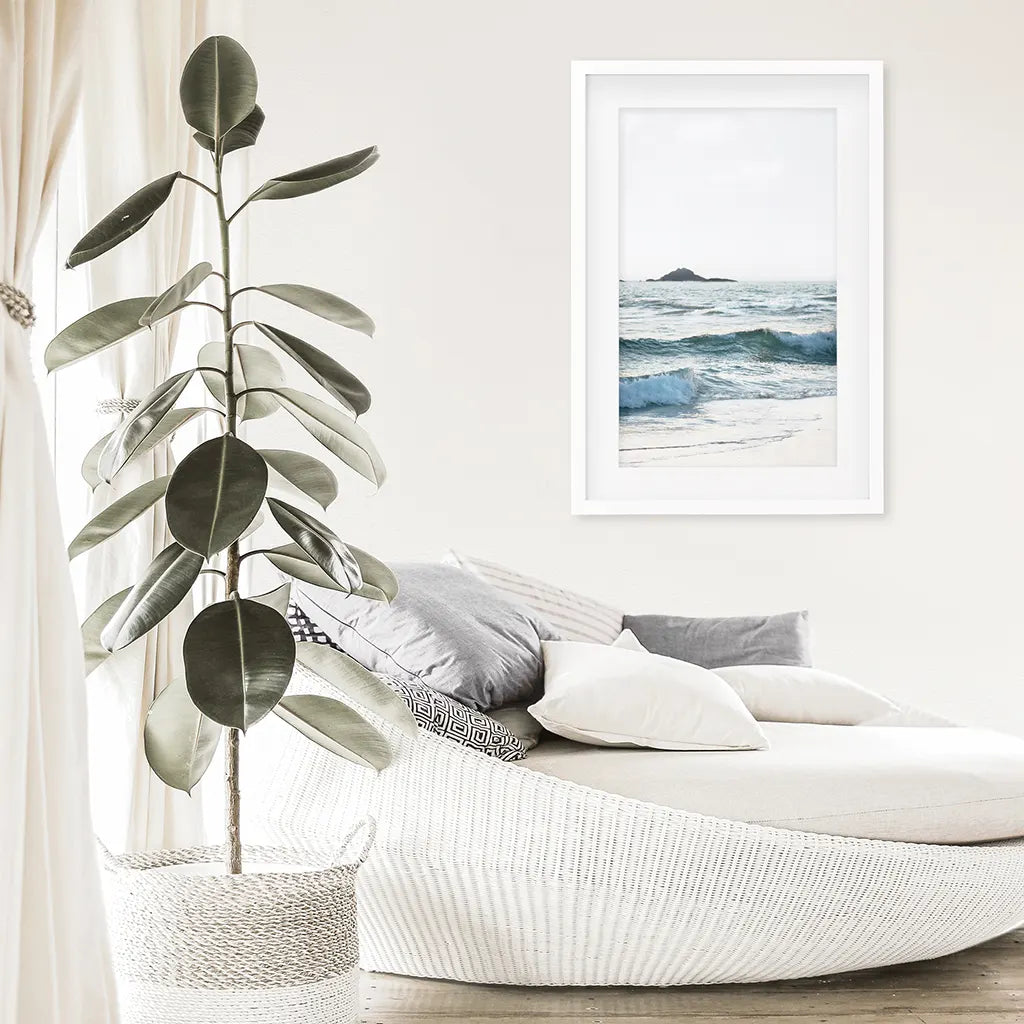 Blue Ocean Waves Poster. Nautical California Theme. White Frame with Mat