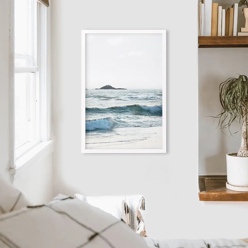 Blue Ocean Waves Poster. Nautical California Theme. White Frame