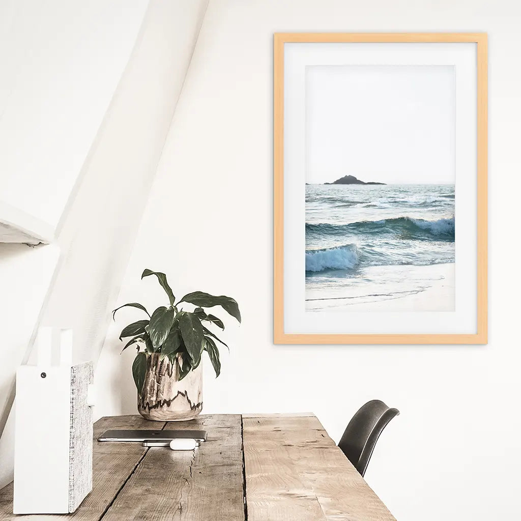 Blue Ocean Waves Poster. Nautical California Theme. Wood Frame with Mat