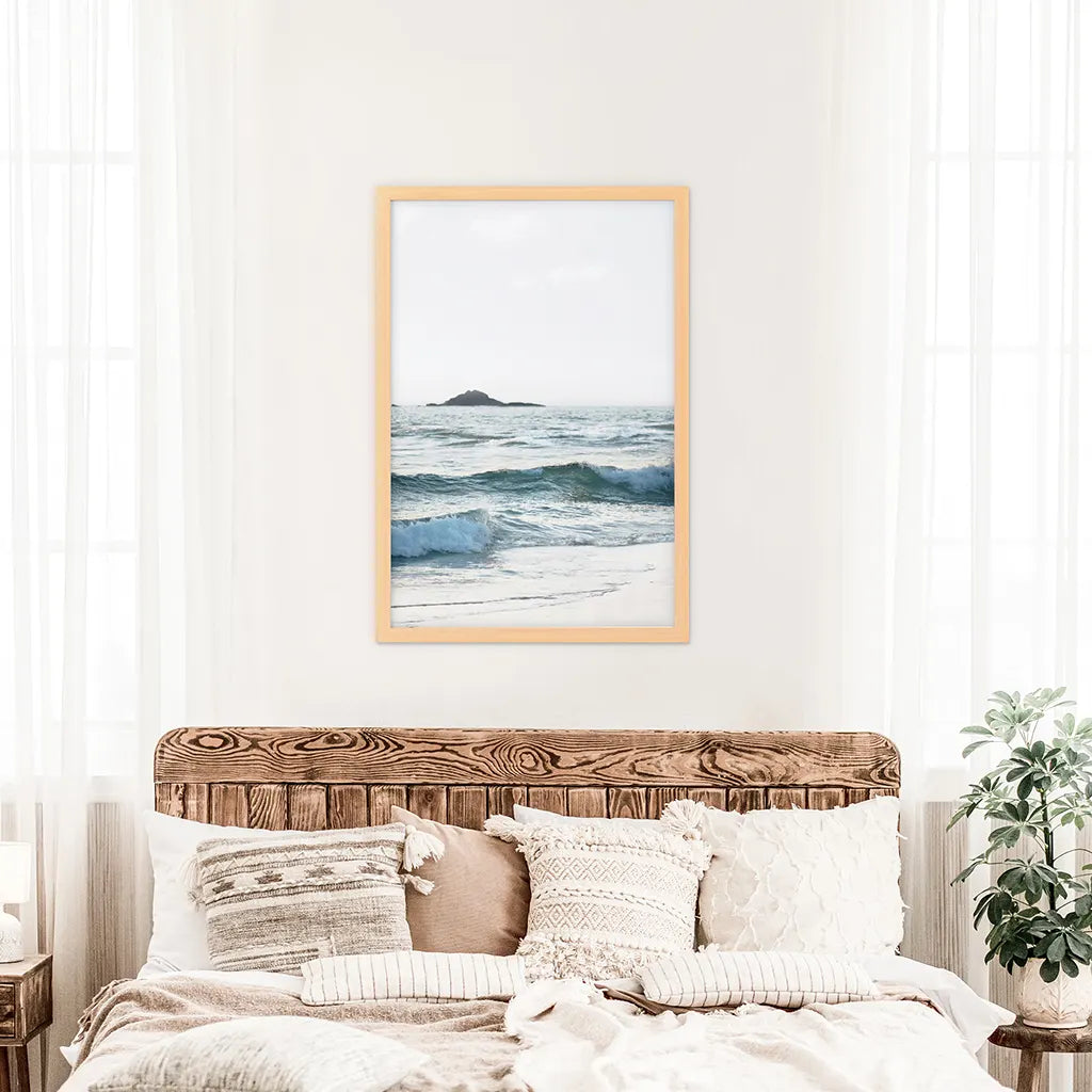 Blue Ocean Waves Poster. Nautical California Theme. Wood Frame
