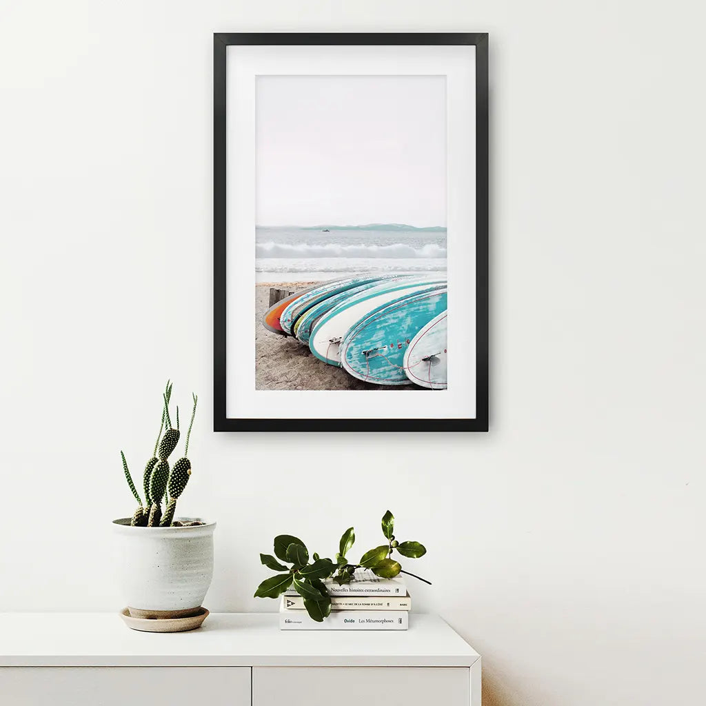 Blue White Surfboards Photo. California Summer Theme. Black Frame with Mat