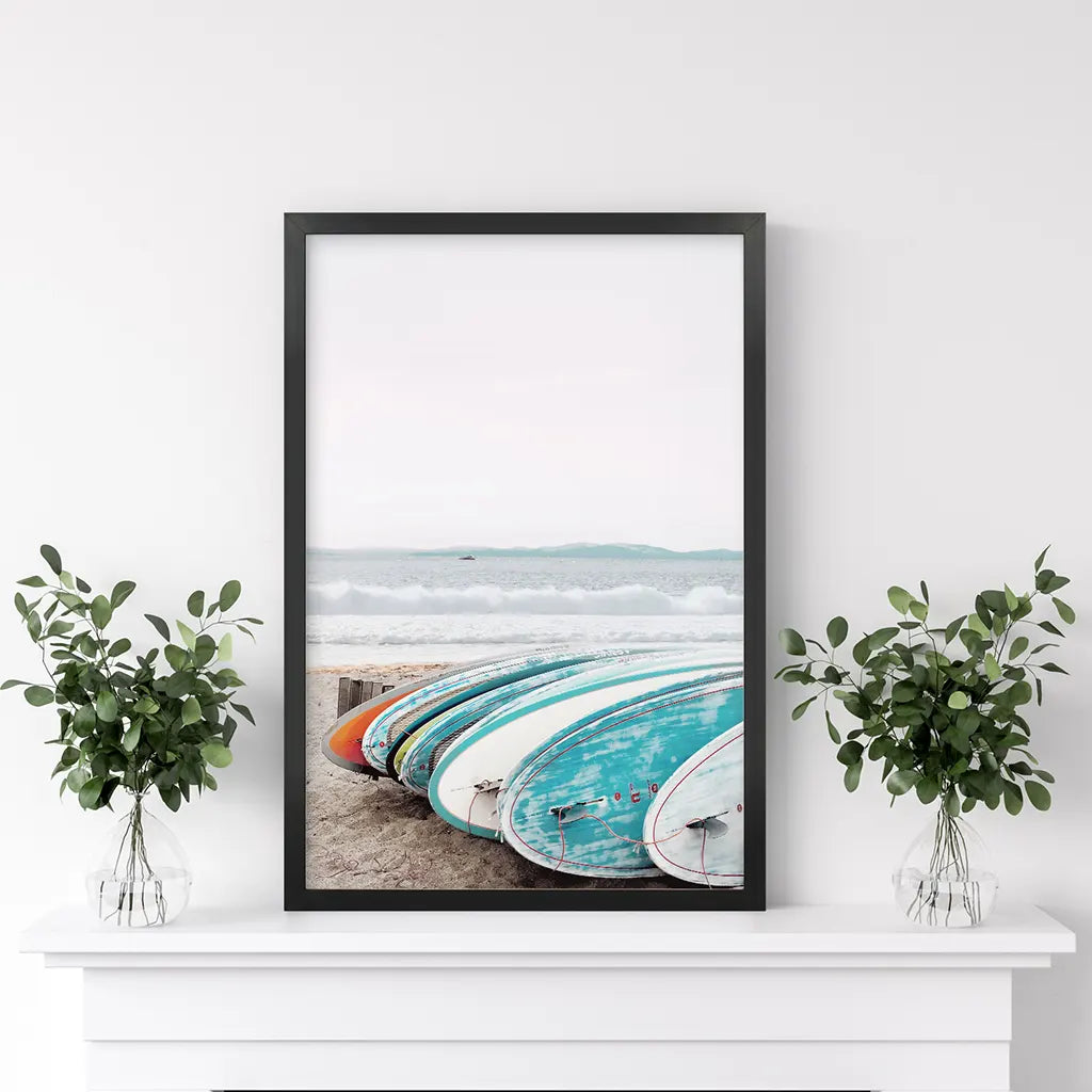 Blue White Surfboards Photo. California Summer Theme. Black Frame