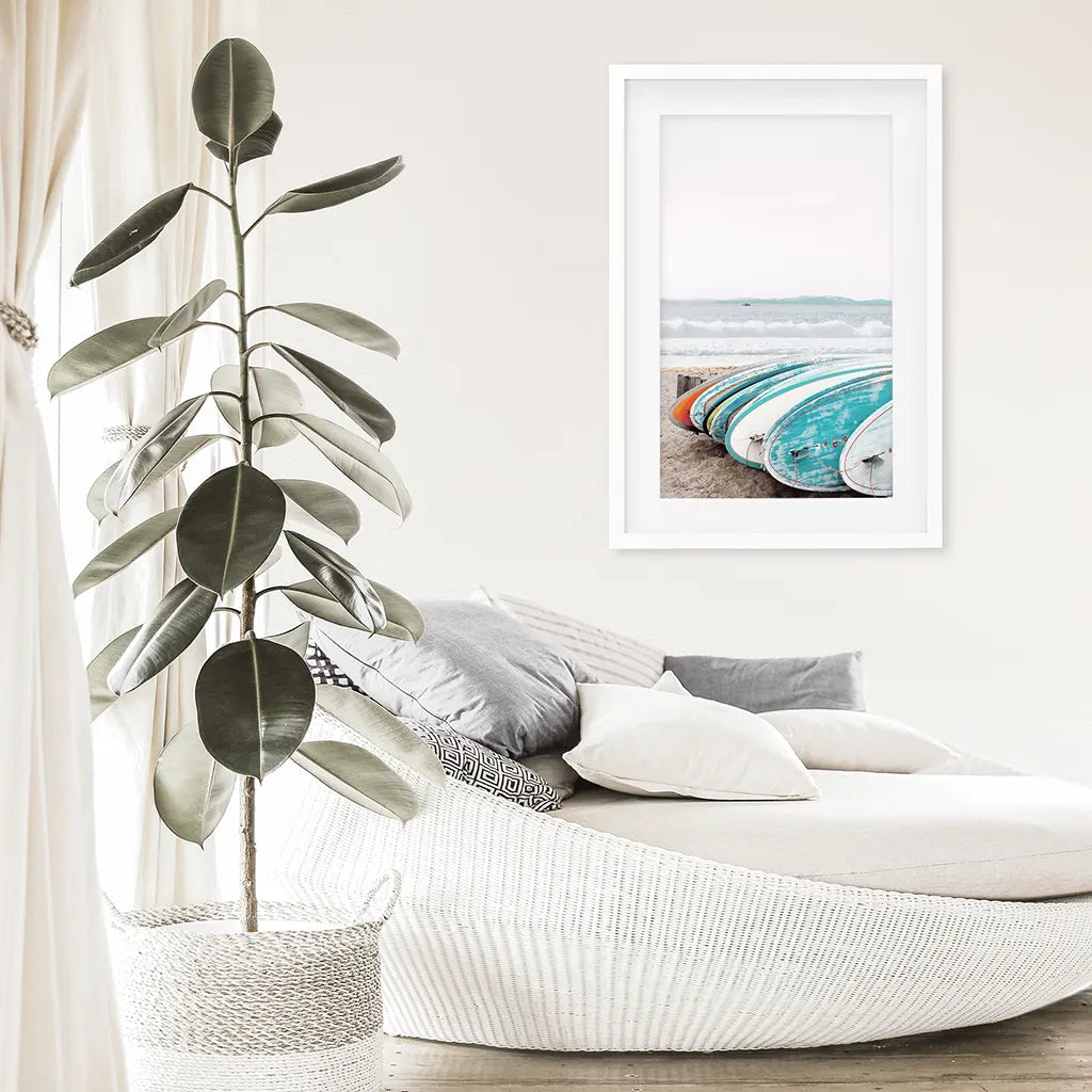 Blue White Surfboards Photo. California Summer Theme. White Frame with Mat