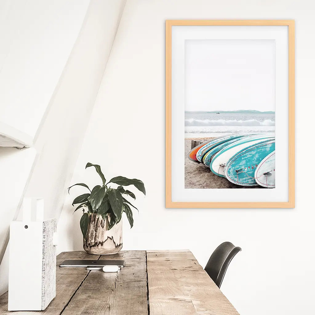 Blue White Surfboards Photo. California Summer Theme. Wood Frame with Mat