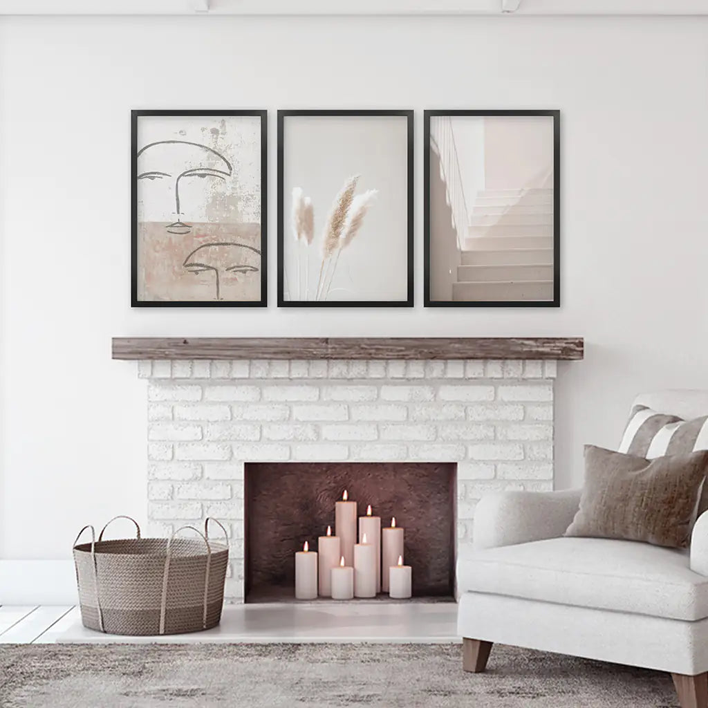 Minimalist Faces, Grass, Stairway. Boho Wall Art. Black Frames