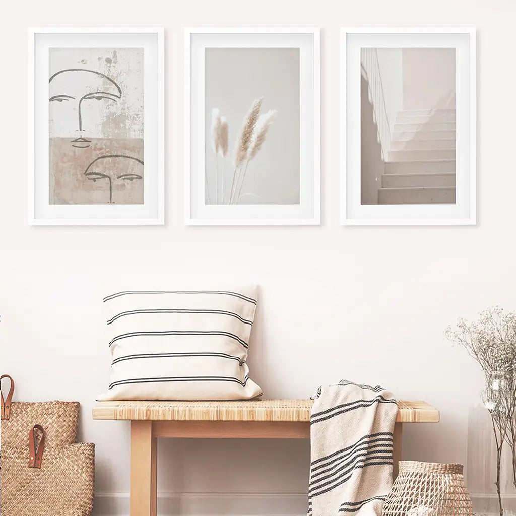 Minimalist Faces, Grass, Stairway. Boho Wall Art. White Frames with Mat