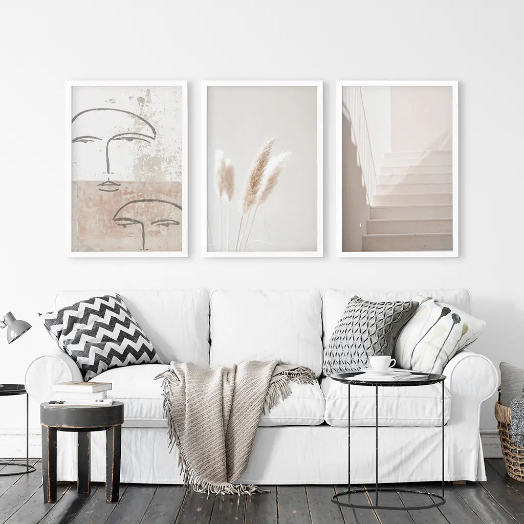 Minimalist Faces, Grass, Stairway. Boho Wall Art. White Frames